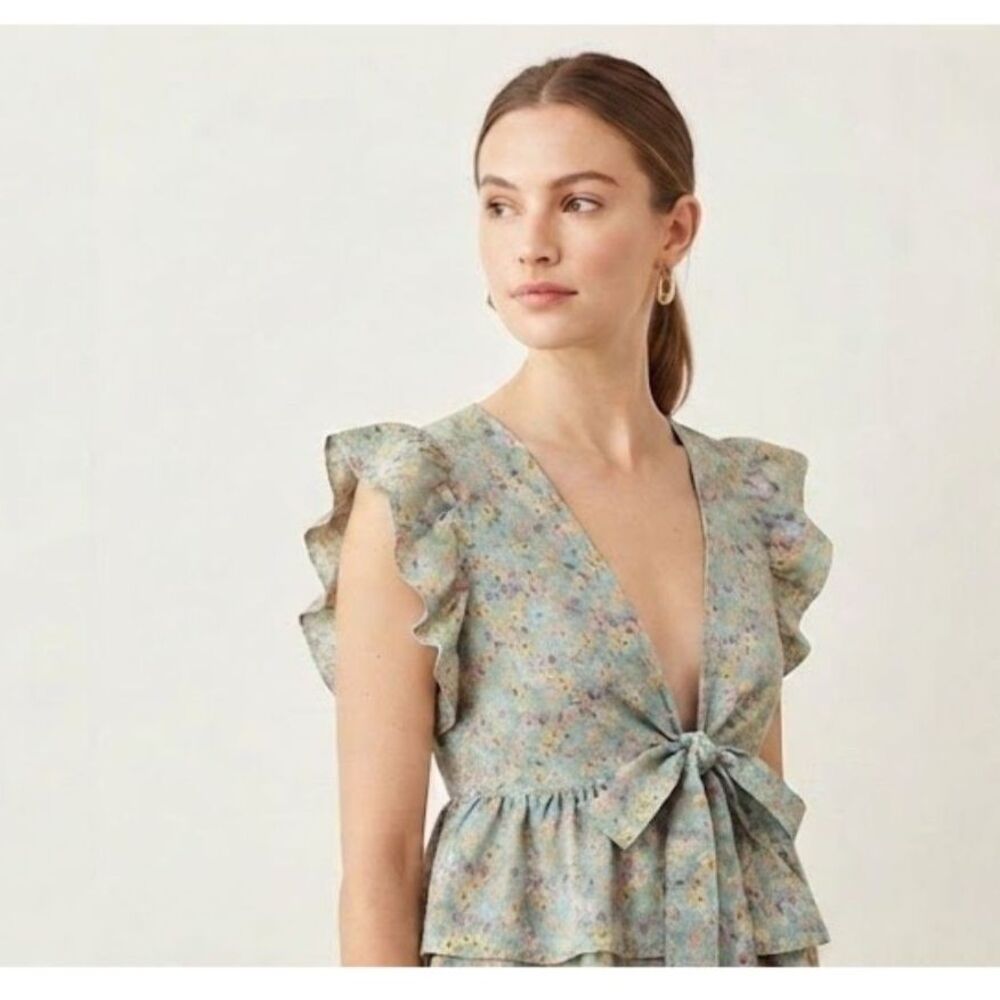 Love J Floral Ruffle Peplum Tie Front Blouse Top Blue Yellow L